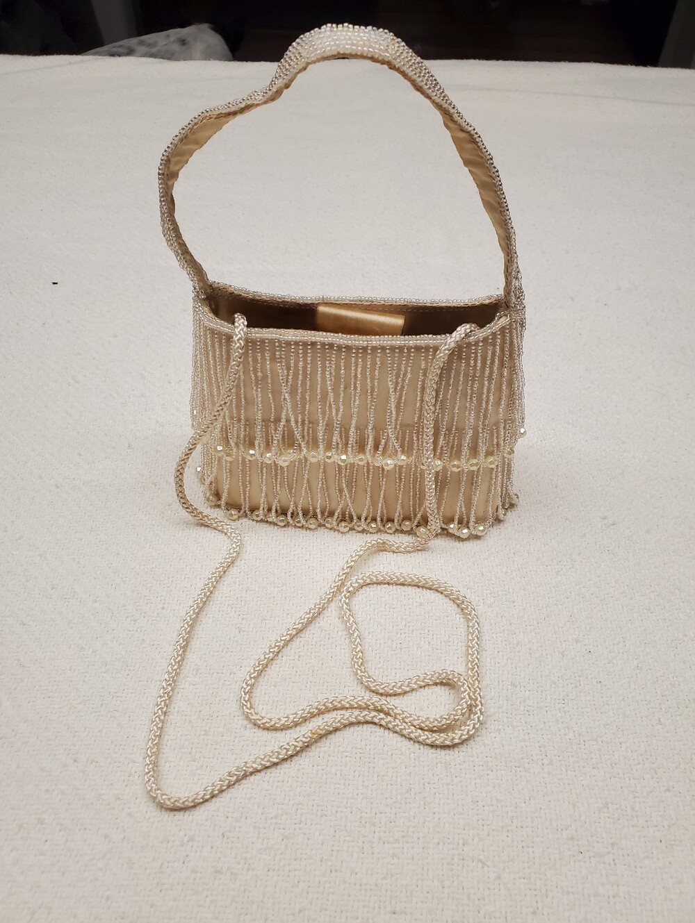 Vintage La Regale Beaded Fringe Evening Bag Ivory Pearl Crossbody Mini Purse - Picture 4 of 10